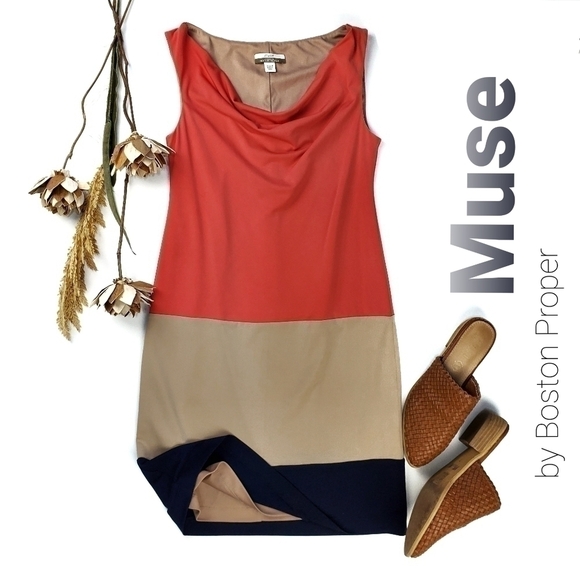 Muse Boston Proper Tan Coral Color Block Dress 0 - Picture 1 of 9